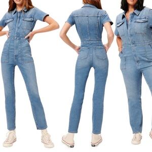 Good American washed Denim Short-Sleeve Jumpsuit Size 2